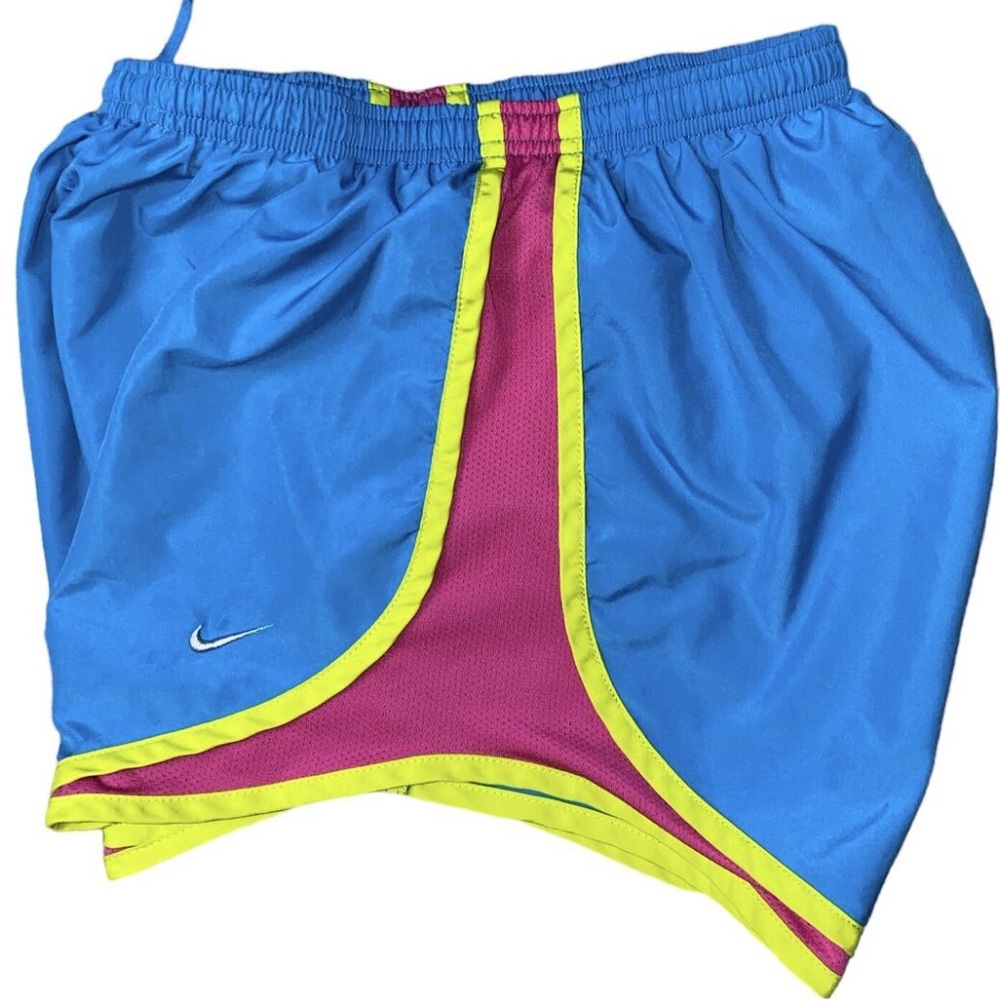 •NIKE•BLUE RUNNING SHORTS W/PINK MESH SIDE INSERTS AND YELLOW TRIM SIZE MEDIUM